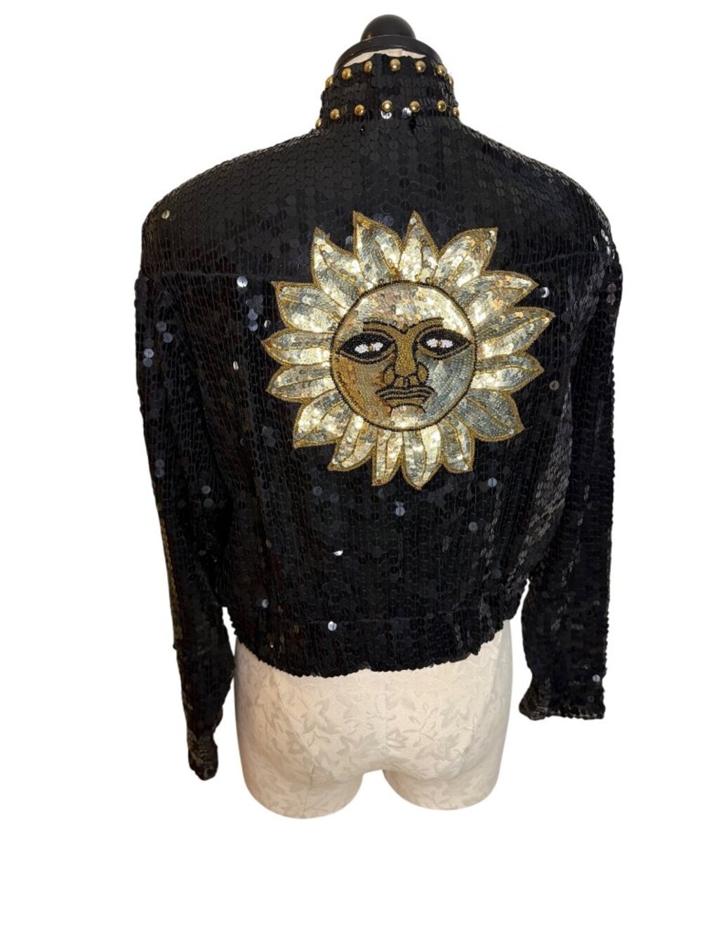 Colorado Womens Embroidered Gold Sun Face Bead & Sequin Jacket Size M Black